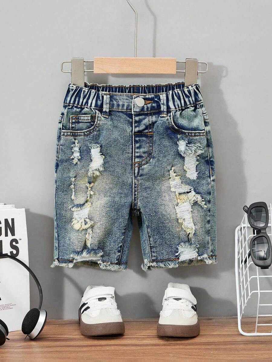 SHEIN Explorewe Distressed Sand Washed Splattered Holey Denim Shorts With Young Boy Print, Street Stylish Summer Holiday - Medium Wash - View 1