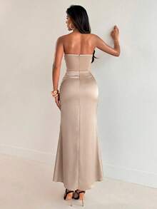 Aloruh 女士新款超长连衣裙，无肩带设计，缎面拼接，纯黑色，优雅派对礼服，正式场合礼服 - 香檳色 - 查看 2