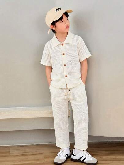 SHEIN 2pcs Tween Boy Casual Collegiate Comfortable Fashion Minimalist Practical Soft Face Striped Polo Shirt And Elastic Waist Pants Set, Suitable For Autumn, Spring, Summer, Suitable For Daily Wear, Outdoor Play, Sports, School, Street Style, Party And Leisure