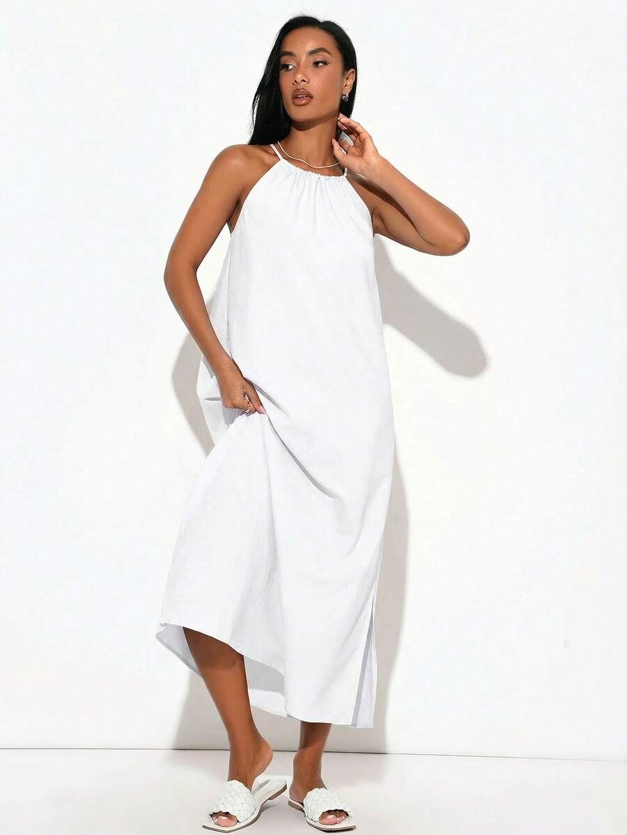 SHEIN BASICS Women's Solid Color Minimalist Woven Halter Neck Side Slit Dress White Dresses Summer Dresses