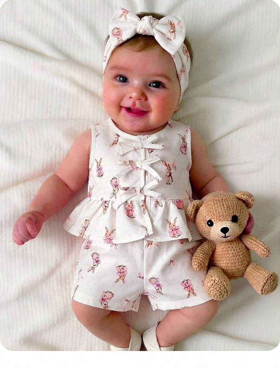 Neugeborenes Baby Mädchen Urlaubs Lässig süßes rosa & weißes gestreiftes Schleife Dekor Trägertop & Shorts Set - Verschiedenfarbig - Übersicht 1