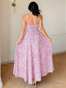 Rafferiza Đầm nữ mới kiểu dáng mới, dây mảnh, hở lưng, màu xanh trắng, họa tiết hoa sứ nhỏ, ôm eo, thời trang và thanh lịch, thích hợp cho kỳ nghỉ. - Màu tím hoa cà - Xem 2