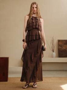Arave Đầm dự tiệc thanh lịch dành cho nữ, chất liệu chiffon, cổ thuyền, viền bèo nhún, eo thắt. - màu nâu - Xem 7