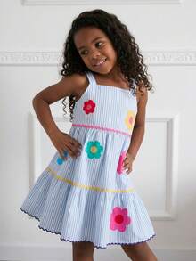 SHEIN 女童编织条纹休闲吊带连衣裙 - 藍色 - 查看 5