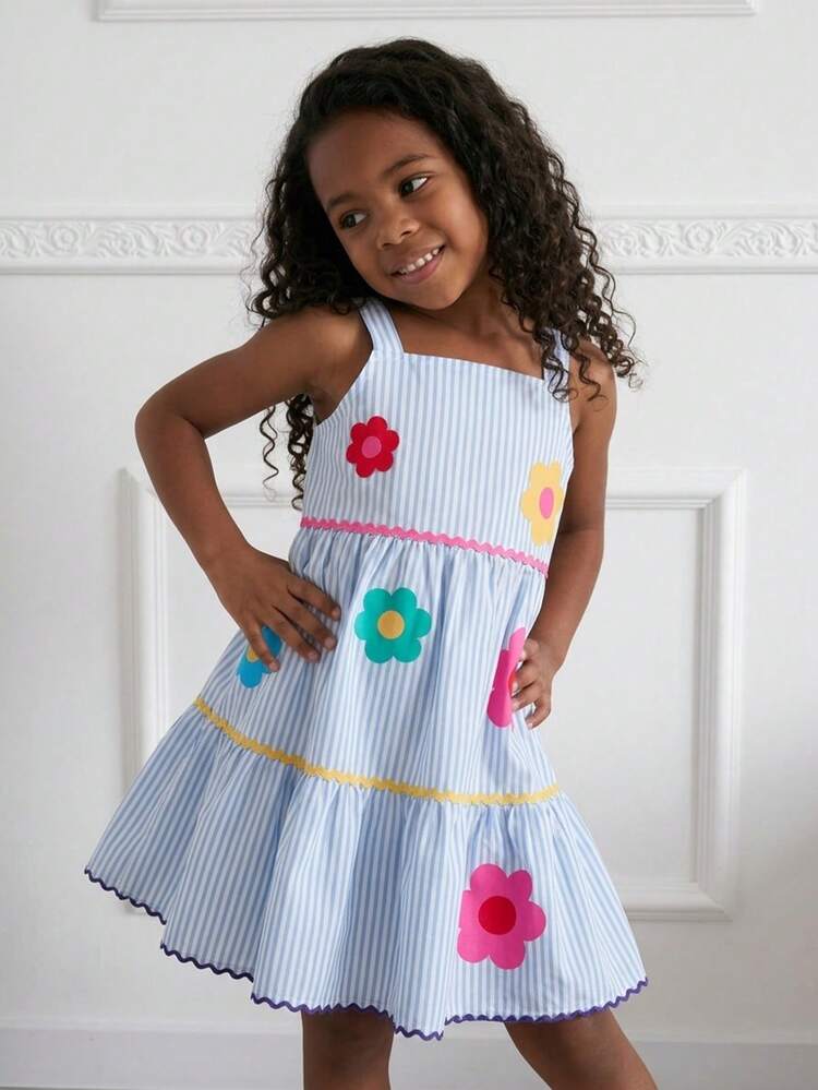 SHEIN Vestido Casual de Alça Listrado Tecido para Menina Jovem - Azul - Visão 5