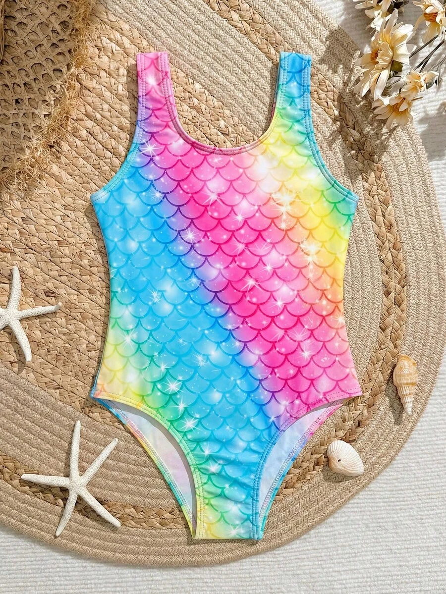 Young Girl Mermaid Scale Print One-Piece Swimsuit - Multicolor - View 1