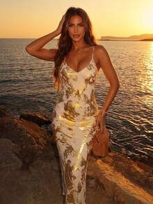 Glamine 女士时尚、优雅、性感金箔吊带裙，适合派对、宴会和舞会。 - 杏色 - 查看 4