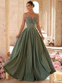 Glamrae Vestido de corpiño con cuentas, lentejuelas y bordados elegante y lujoso con bajo acampanado, adecuado para bodas, eventos, fiestas, vacaciones, galas y ocasiones formales (muy recargado) - Verde hierba - Ver 3