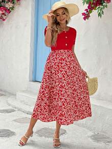 SHEIN Maternity Round Neck Color Block Fashionable Vacation Dress - Red - View 3