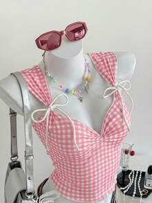 SHEIN EZwear Women's Plaid Ruched Casual Versatile Daily Wear Top - Pink - View 4