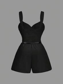 SHEIN MOD 大码女式纯色裹身连体裤，带腰带装饰 - 黑色 - 查看 2