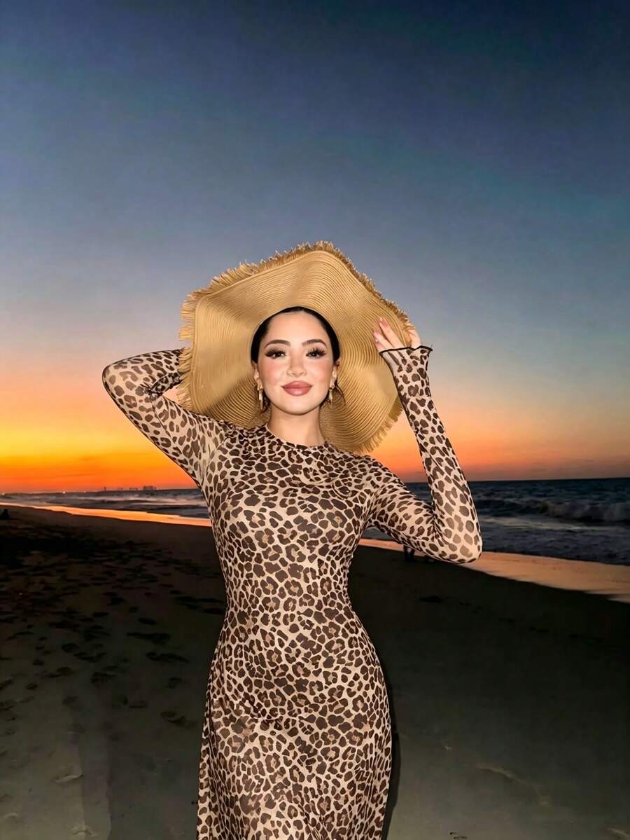 Swim Mulvari Women's Leopard Print Mesh Cover-Up Swimsuit, Elegant Beachwear For Summer Vacation - Multicolor - View 1
