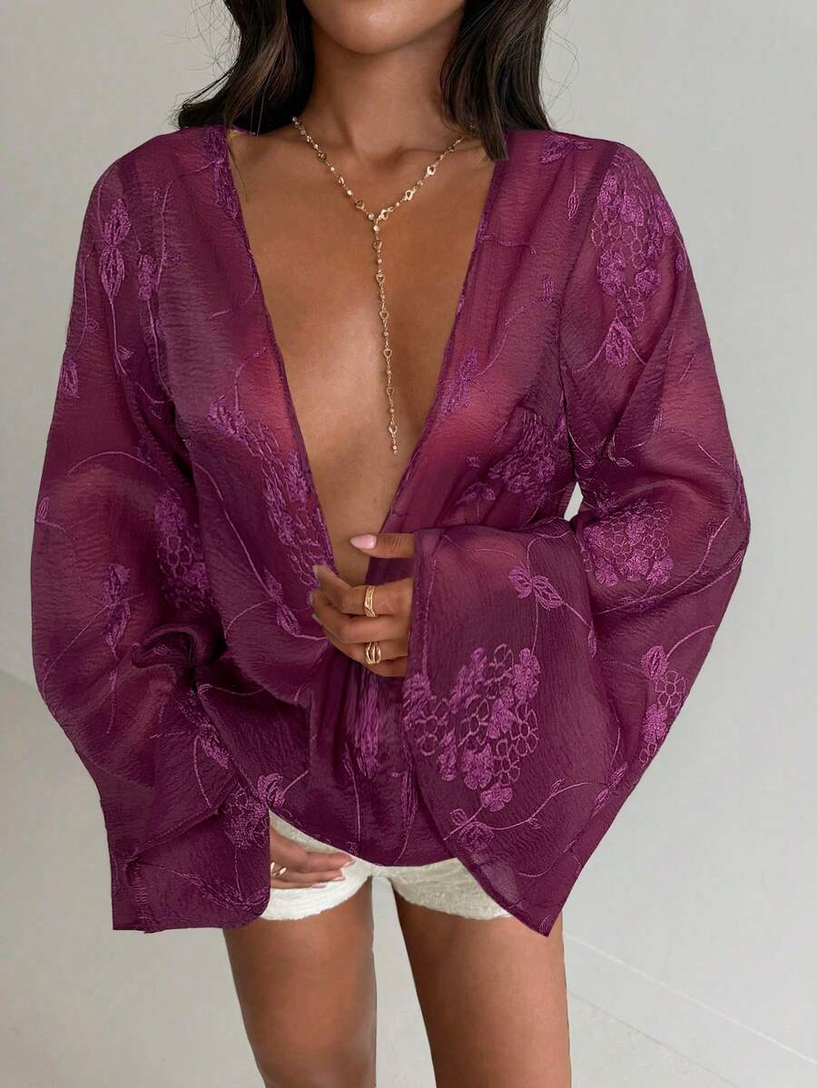 Aloruh Women's Deep V-Neck Floral Embroidery Pattern Casual Versatile Daily Wear Shirt,Summer Top - Burgundy - View 1