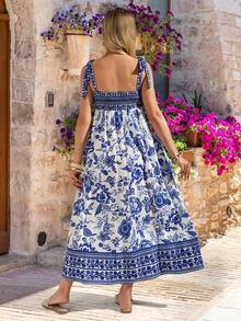 SHEIN Women's Light Blue Summer Boho Maternity Holiday Dress, Sleeveless Tie-Up Midi Swing Dress, Casual Bohemian Elegant Vacation Resort Wear Maxi - Blue - View 2