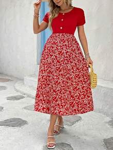 SHEIN Maternity Round Neck Color Block Fashionable Vacation Dress - Red - View 5