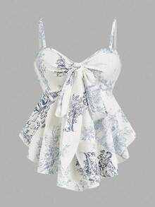 女士纹理印花修身吊带背心，优雅百搭，适合度假、通勤和日常穿着 - 淺藍色 - 查看 4