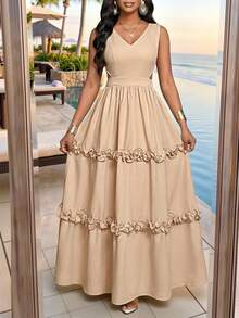 SHEIN Lady Vestido sin mangas con cuello en V y volantes en el bajo de unicolor para mujer - Caqui - Ver 7