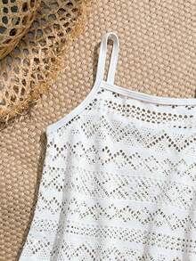 女童泳衣罩衫，可爱休闲白色镂空针织提花吊带连衣裙，荷叶边下摆，时尚优雅女士风格，适合游泳、夏季度假、海滩、泳池、节日派对 - 白色 - 查看 4