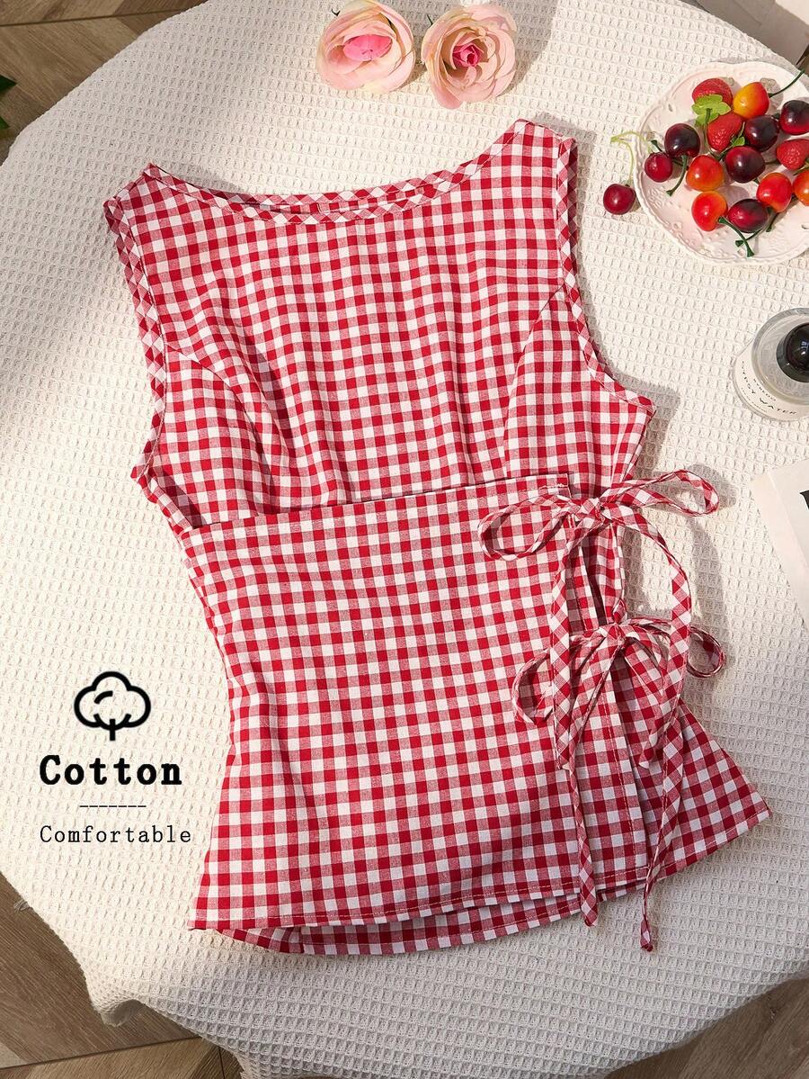 Sweetra Camisa sin mangas con cuello redondo de estilo universitario retro y a cuadros, con un toque sexy. Nueva blusa de verano con cordones, de corte ajustado y delicado, con un estilo dulce y femenino para mujeres. - Rojo - Ver 1