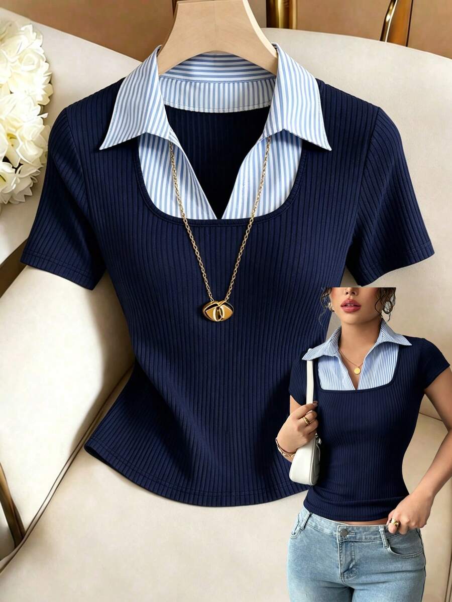 GlowEve Camiseta casual de mujer con cuello, mangas cortas y parches a rayas - Multicolor - Ver 1