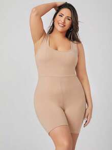 SHEIN BASICS Bộ áo liền quần không tay màu trơn tối giản dành cho nữ cỡ lớn, trang phục thường ngày thoải mái. - Màu be - Xem 4