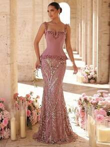 Glamrae 优雅奢华串珠钻石肩带露肩珍珠亮片刺绣网纱拼接弹力针织美人鱼连衣裙，适合婚礼、派对、度假、舞会、节日晚礼服（重工装饰） - 藕粉色 - 查看 4