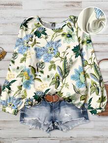 EMERY ROSE Plus Size Casual Minimalist Botanical Print Full-Body Print Shirt, Women Spring/Autumn Top, Elegant Fashion Blouse For Ladies - Multicolor - View 1