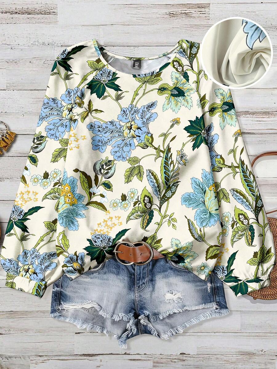 EMERY ROSE Plus Size Casual Minimalist Botanical Print Full-Body Print Shirt, Women Spring/Autumn Top, Elegant Fashion Blouse For Ladies - Multicolor - View 1