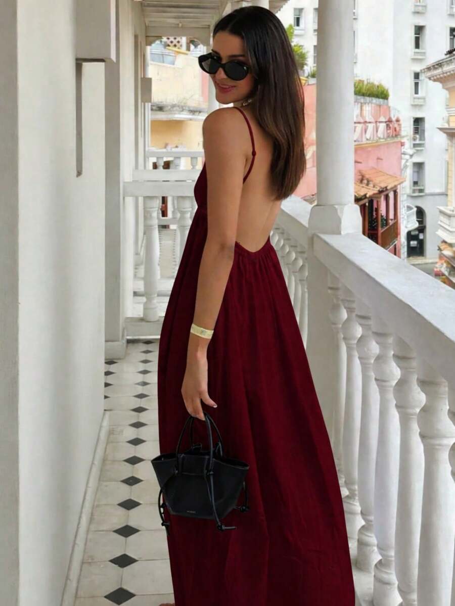 女士纯色露背休闲吊带夏季连衣裙 - 酒紅色 - 查看 1