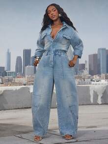 Denimoi Bộ áo liền quần denim tay dài ống loe cài cúc phía trước, kiểu quần jeans ống loe, tay dài. - Rửa nhẹ - Xem 1