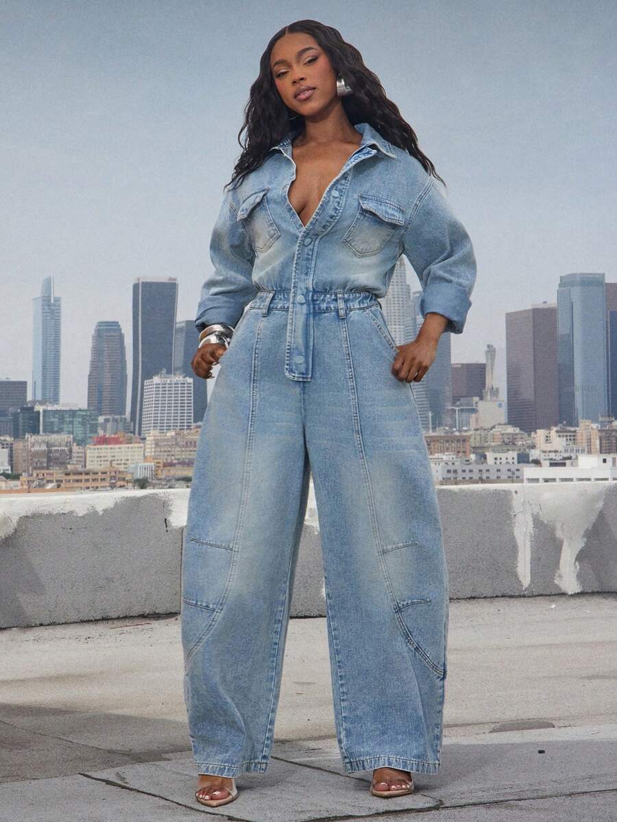Denimoi Bộ áo liền quần denim tay dài ống loe cài cúc phía trước, kiểu quần jeans ống loe, tay dài. - Rửa nhẹ - Xem 1