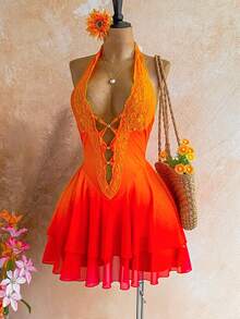 Soleia New Casual Vacation Western Beach Wedding Guest Attire Graduation Brunch St. Patrick's Day Spring Break Easter Music Festival Elegant Bohemian Tropical Chic Orange Beaded Asymmetrical Hem Ombre Halter Mini Dress For Beach Holiday - Multicolor - View 3