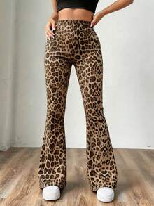 Pantalones acampanados elásticos de estampado de leopardo de cintura alta - Estampado de leopardo - Ver 3