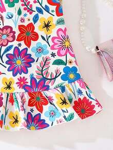 SHEIN Đầm hè không tay cho bé gái, họa tiết hoa nhiều màu sắc, thiết kế không tay với viền bèo nhún, đầm đi biển dã ngoại thoải mái, trang phục mùa hè ngọt ngào cho bé gái. - Nhiều màu - Xem 4