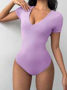SHEIN BASICS 纯色V领短袖修身连体衣（女款） - 淡紫色 - 查看 6