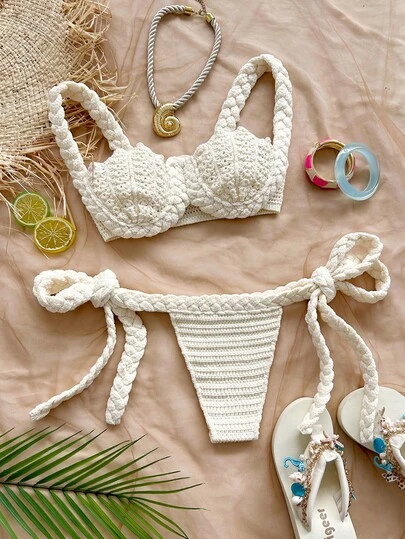 Soleia 春夏新款休闲度假西部海滩婚礼宾客着装毕业早午餐，圣帕特里克节春假复活节音乐节优雅波西米亚热带风情手工钩编海滩度假海边派对系带女式两件套毛衣套装