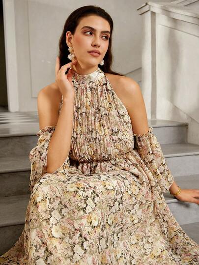 VOLUPTÉ CURVE Plus Size Summer Beige Floral Chiffon Halter Neck High Neck Off-Shoulder Flared Sleeves High Waist Fitted Ruffles Ankle-Length Bohemian Dress For Vacation, Beach, Wedding Guests