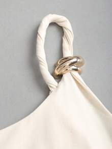 Sweetra 法式优雅修身休闲扭结腰带金属扣设计，直筒修身连体裤，简约通勤风，夏季必备 - 杏色 - 查看 5