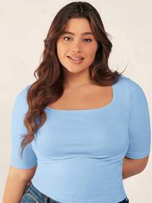 SHEIN BASICS Plus Size Women Solid Color Casual Versatile Daily Dinner Office Short Sleeve T-Shirt Tops For Square Neck Top Plain Light Blue Summer - Blue - View 5