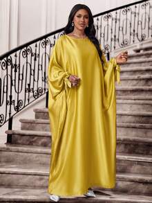 SHEIN Lady 四季皆宜的优雅通勤办公礼服，适合婚礼穿着，金色织纹缎面圆领舞会礼服，蝙蝠袖系带束腰连衣裙，长袖加大码连衣裙，夏季连衣裙，春季连衣裙 - 金色 - 查看 4