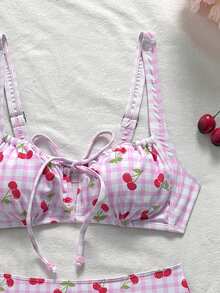 SHEIN Swim Mod Bộ bikini hai mảnh in hình quả anh đào màu hồng dành cho nữ, gợi cảm và thanh lịch, thích hợp cho bãi biển, hồ bơi và tiệc tùng. - Hồng - Xem 4
