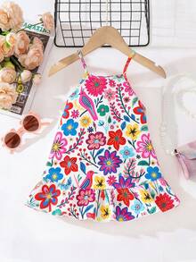SHEIN Đầm hè không tay cho bé gái, họa tiết hoa nhiều màu sắc, thiết kế không tay với viền bèo nhún, đầm đi biển dã ngoại thoải mái, trang phục mùa hè ngọt ngào cho bé gái. - Nhiều màu - Xem 6