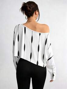 Elenzga Áo thun nữ cỡ lớn tay dài cổ lệch, dáng ngắn, họa tiết kẻ sọc, thích hợp mặc mùa thu. - Nhiều màu - Xem 2