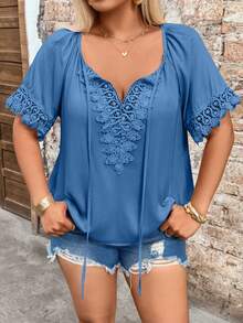 SHEIN Holidaya Plus Size V-Neck Lace Trim Raglan Sleeve Tie Collar Blouse - Blue - View 4