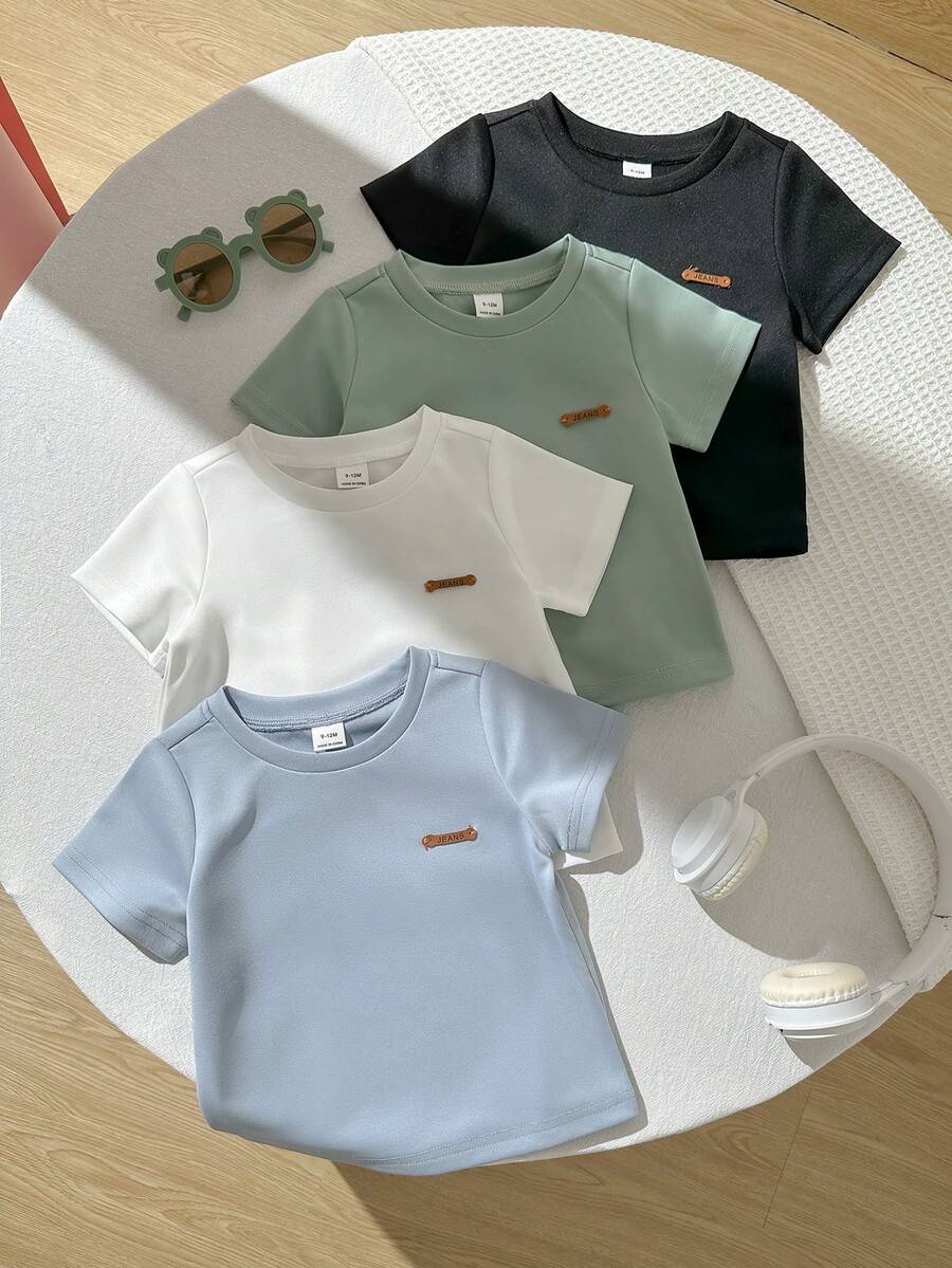 SHEIN 男女宝宝4件套纯色基础款圆领短袖针织T恤套装,舒适休闲百搭,适合春夏室内外活动 - 彩色 - 查看 1