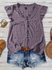 Linhara Plus Size Women's Solid Color Textured V-Neck Ruffle Trim Petal Sleeve Fitted Casual Regular Blouse - Dusty Purple - View 6