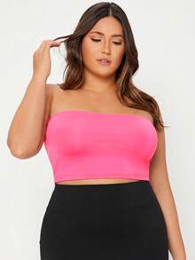 SHEIN BASICS 大码女式纯色露脐时尚抹胸上衣 - 玫紅色 - 查看 4