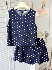 SHEIN Kids 2pcs/Set Tween Girls Casual Full Navy Blue Polka Dots Print Fabric Bow Back Camisole Top And Shorts Set Girls Navy Blue Polka Dots Shorts Set, Summer Outfits Clothes For Girls 13 14 Youth Girl Clothes - Navy Blue - View 3