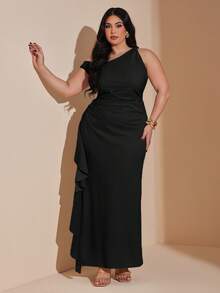 SHEIN BAE Plus Size Women Green Asymmetrical Shoulder Dress - Black - View 6