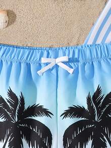 男童泳衣三件套，梭织面料，椰树条纹印花，适合海滩度假和游泳 - 彩色 - 查看 4